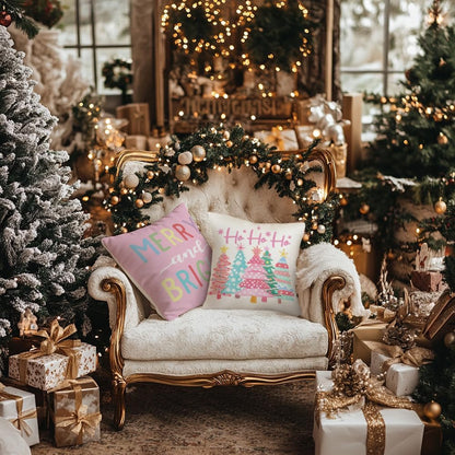 Christmas Throw Pillow Covers 18 x 18 Inch Set of 4, Xmas Trees Truck Merry and Bright Pink Striped Holiday Farmhouse Decorative Cushion Cases for Home Decoration G581-18