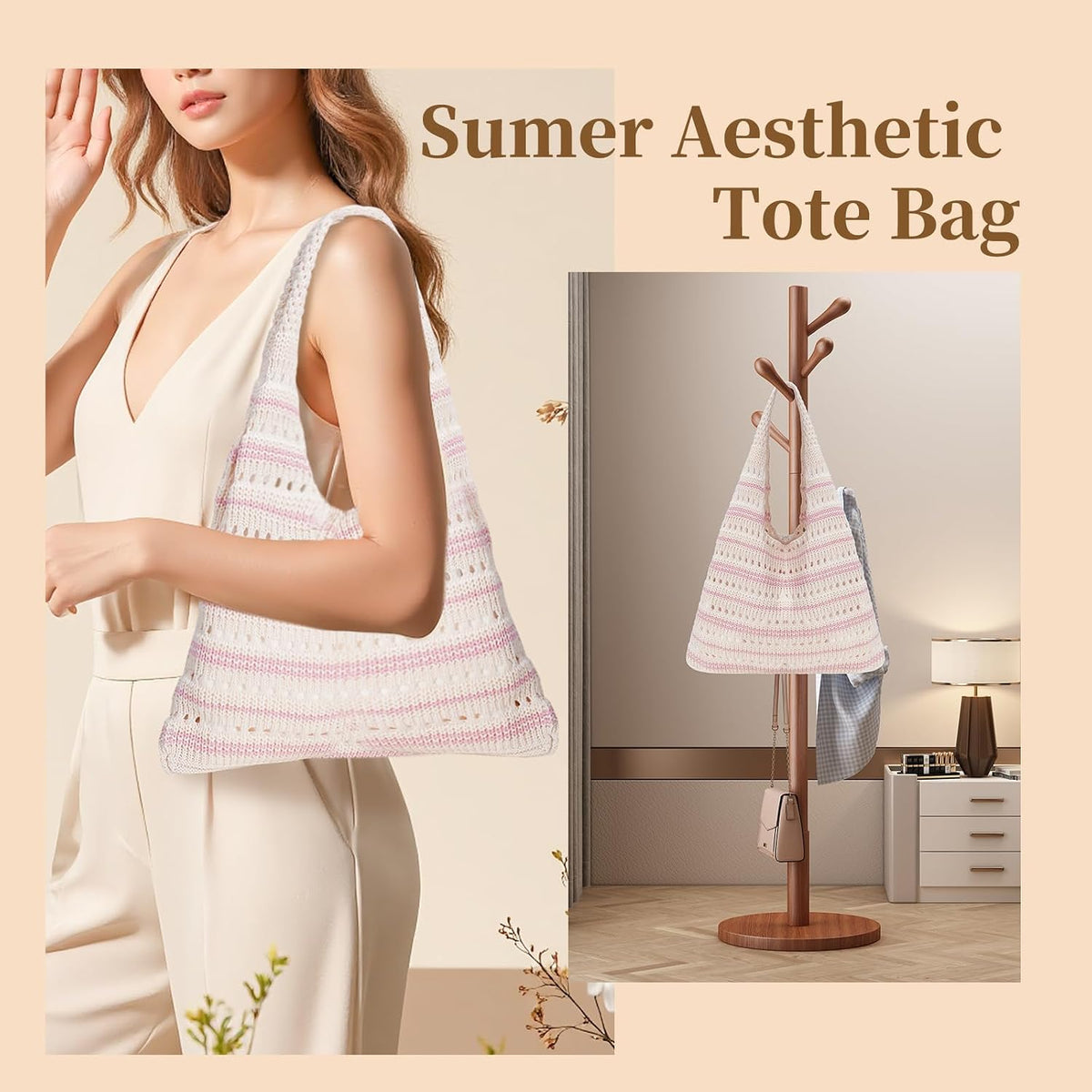 Crochet Tote Bag, Mesh Beach Bag Knit Summer Hobo Bag for Women