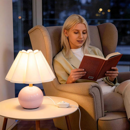 Small Bedside Table Lamp, Ceramic Stepless Dimmable Lamp with Scalloped Fabric Shade,Decorative Accent Light for Nightstand, Living Room, Console or Kids Dorm,Pink (E26 LED Bulb Included)