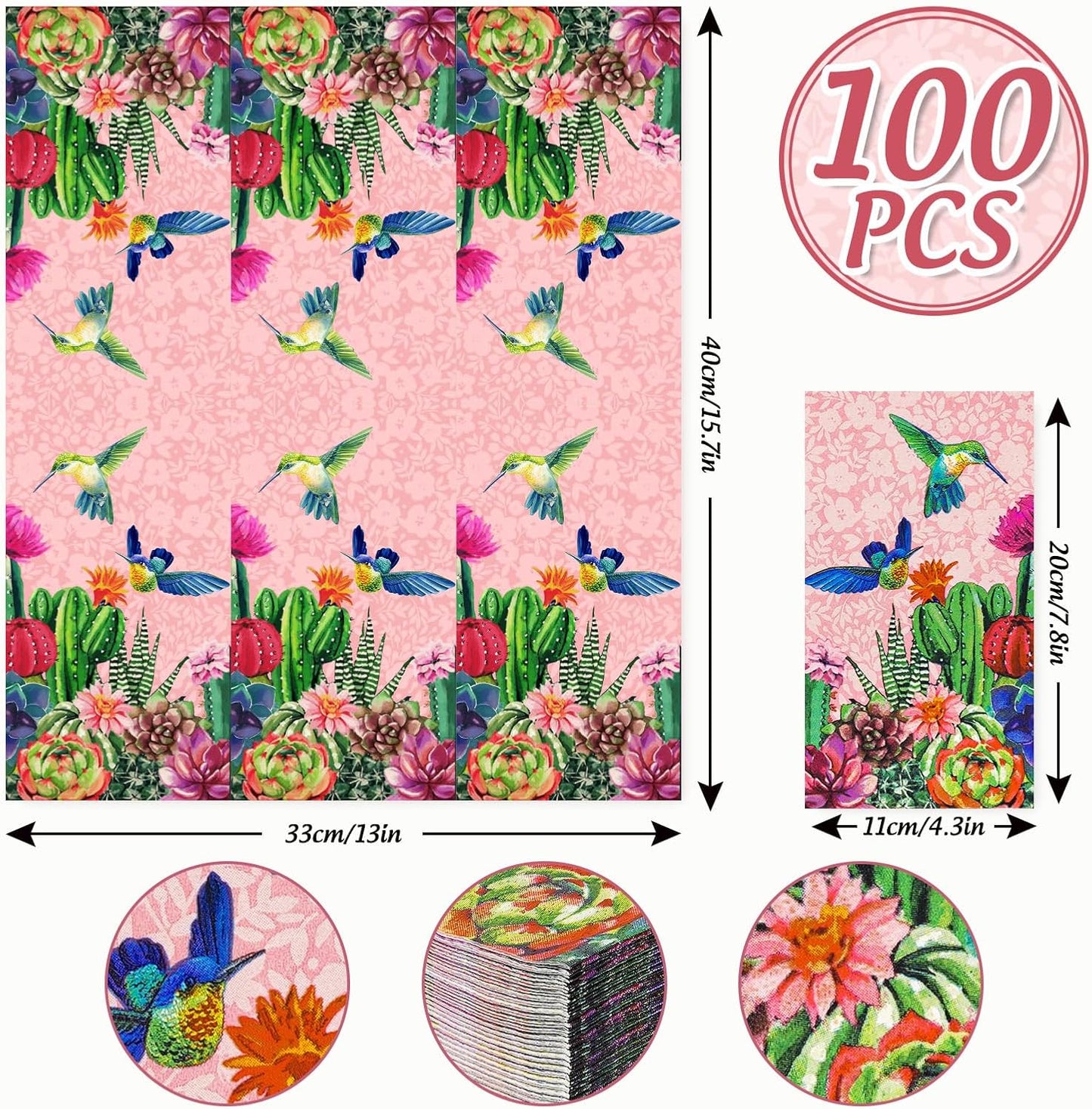 AnyDesign 100 Pcs Cactus Guest Napkins Disposable Pink Bird Succulent Paper Napkins Summer Dinner Hand Towels for Home Kitchen Bathroom Seasonal Holiday Party Supplies
