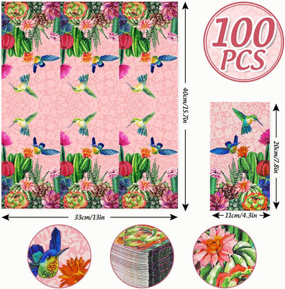 AnyDesign 100 Pcs Cactus Guest Napkins Disposable Pink Bird Succulent Paper Napkins Summer Dinner Hand Towels for Home Kitchen Bathroom Seasonal Holiday Party Supplies