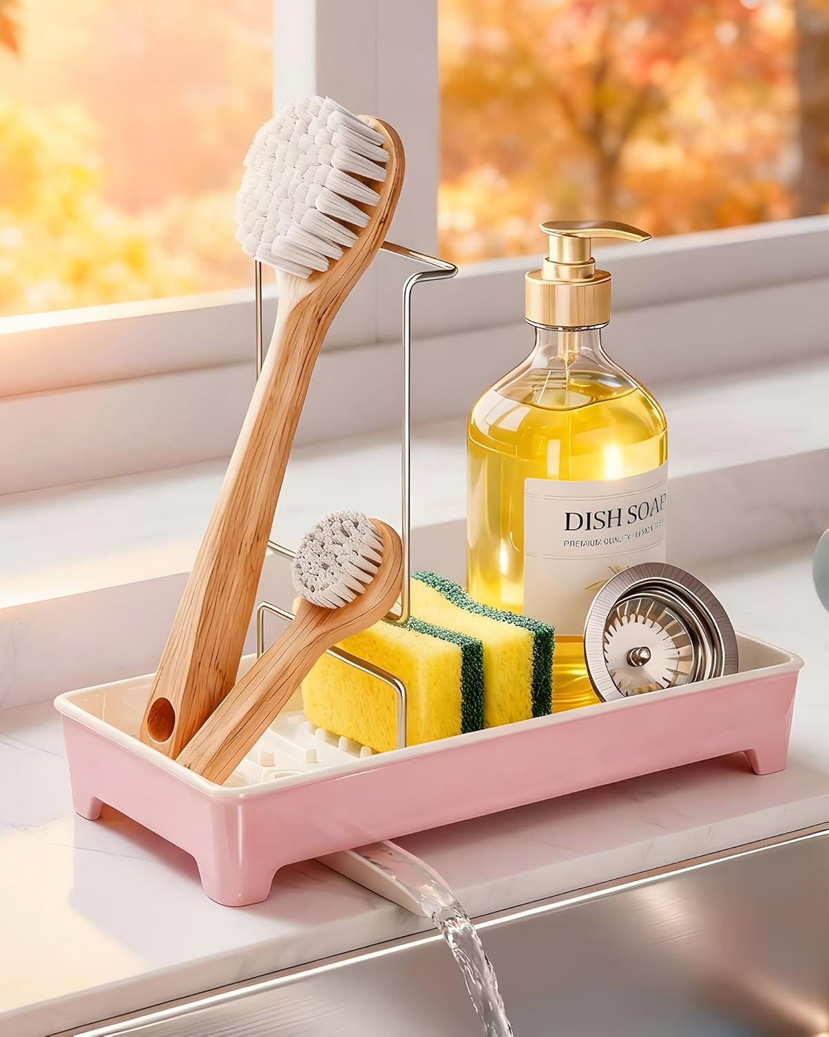Minimalist Sink Caddy, Rustproof Sponge Holder for Kitchen Sink Pink
