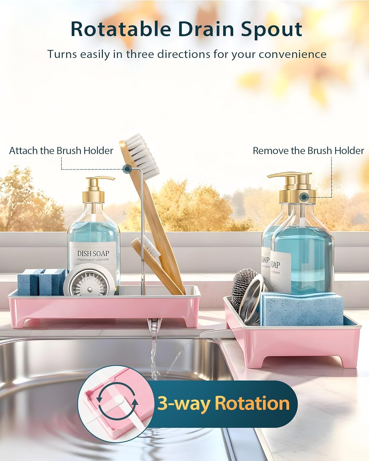Minimalist Sink Caddy, Rustproof Sponge Holder for Kitchen Sink Pink