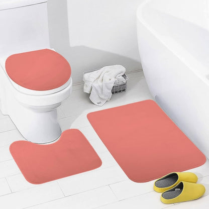 3 Pieces Bath Rug Sets, Coral Pink Solid Color Bathroom Mat Set Non Slip U Shaped Contour Rug & Toilet Lid Cover
