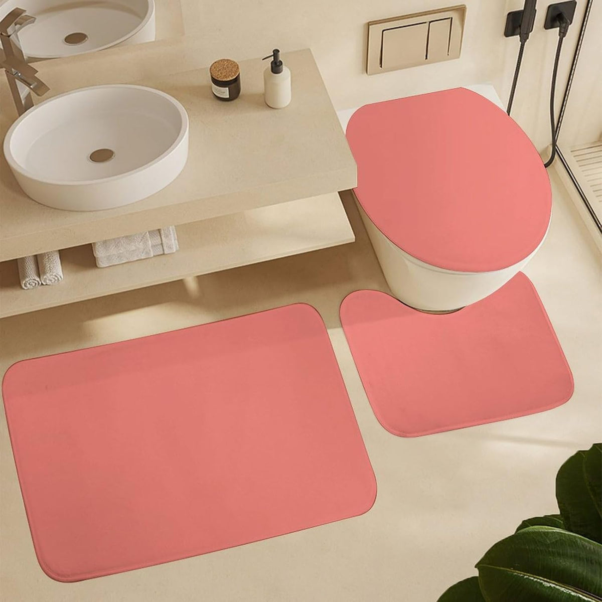 3 Pieces Bath Rug Sets, Coral Pink Solid Color Bathroom Mat Set Non Slip U Shaped Contour Rug & Toilet Lid Cover