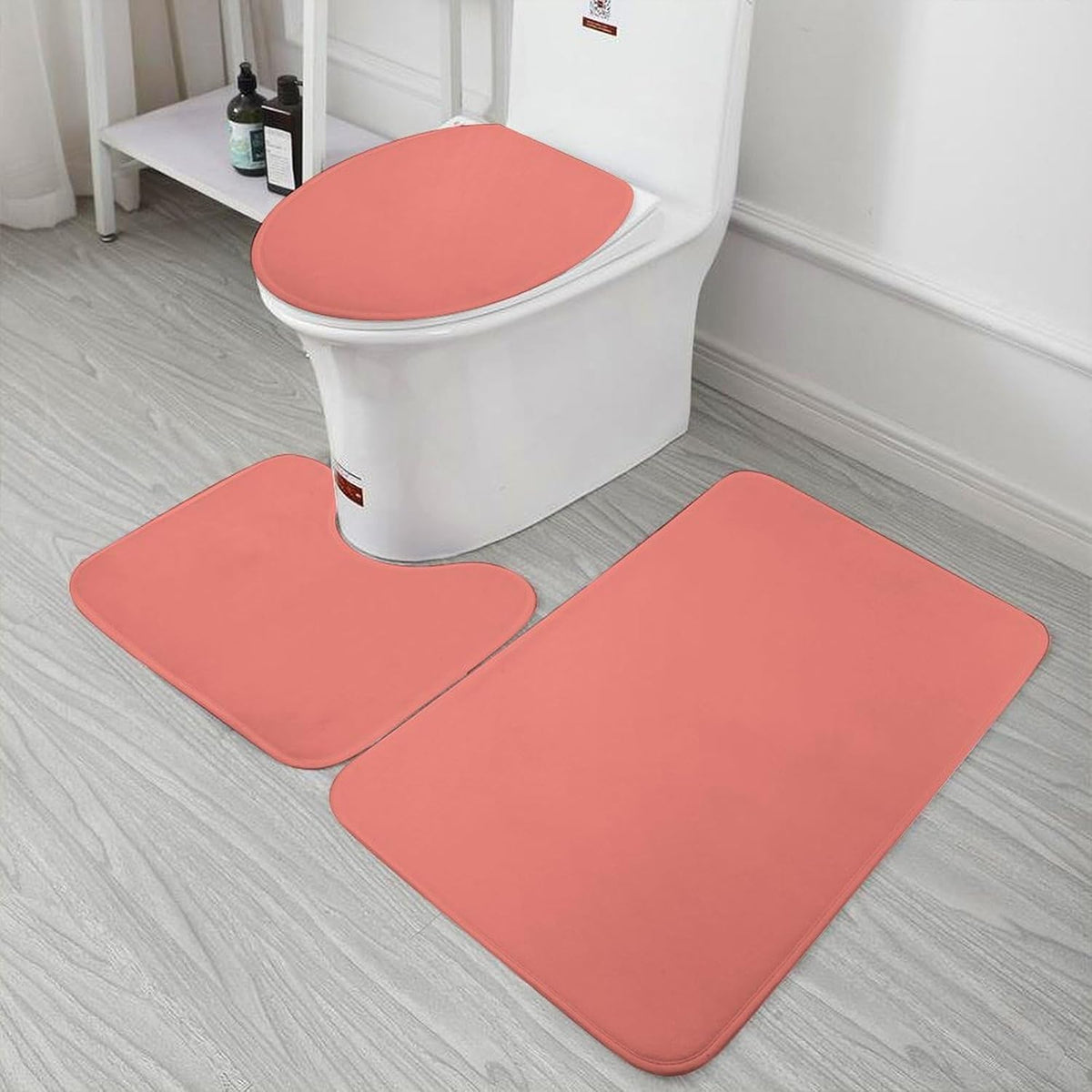 3 Pieces Bath Rug Sets, Coral Pink Solid Color Bathroom Mat Set Non Slip U Shaped Contour Rug & Toilet Lid Cover