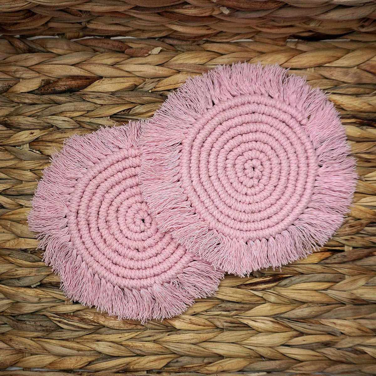 Macrame 100% Cotton Coasters Handmade in India - Elegant and Absorbent 6-inch Round Woven Boho Coaster Set with Fringe Tassels for Drinks and Mugs (Blush Pink)