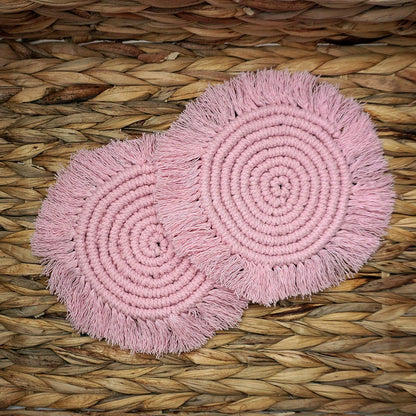 Macrame 100% Cotton Coasters Handmade in India - Elegant and Absorbent 6-inch Round Woven Boho Coaster Set with Fringe Tassels for Drinks and Mugs (Blush Pink)