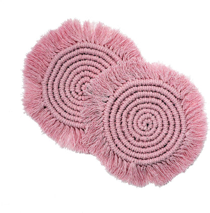 Macrame 100% Cotton Coasters Handmade in India - Elegant and Absorbent 6-inch Round Woven Boho Coaster Set with Fringe Tassels for Drinks and Mugs (Blush Pink)