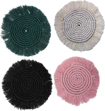 Macrame 100% Cotton Coasters Handmade in India - Elegant and Absorbent 6-inch Round Woven Boho Coaster Set with Fringe Tassels for Drinks and Mugs (Blush Pink)