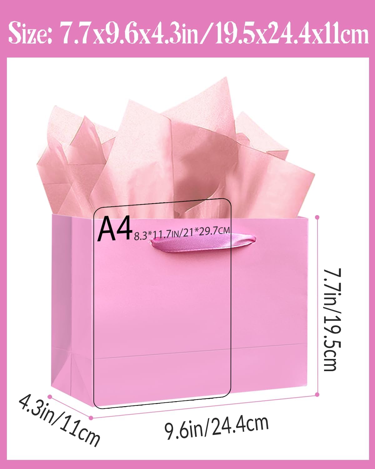 Pink Gift Bags, Medium Size, 9.6"x7.9"x4.3", 24PCS