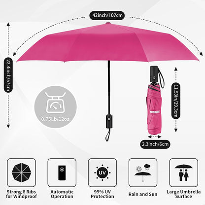 Windproof Automatic Travel Umbrella, Compact Folding UV Sun & Rain