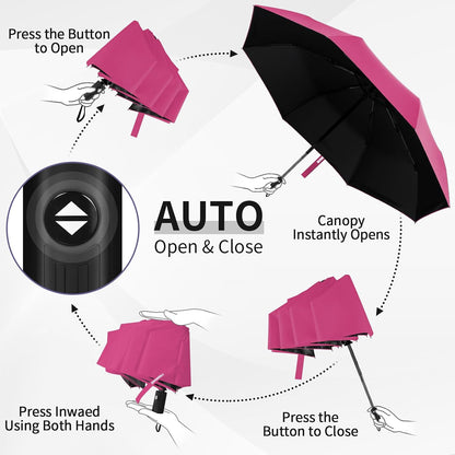 Windproof Automatic Travel Umbrella, Compact Folding UV Sun & Rain