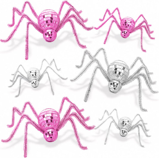 6pcs Halloween Disco Spider Decor 7.9'' 3.9'' Fake Spider, Pink