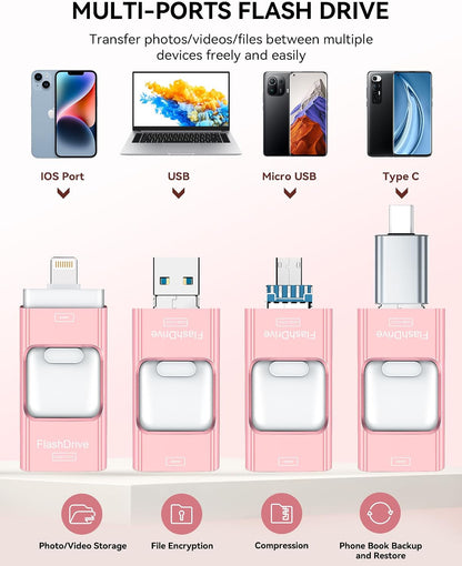 MFi Certified Flash Drive for iPhone 256GB, Photo Stick Memory Stick for iPad, USB Thumb Drive for Photos Videos Transfer & Backup, External Storage Compatible for iPhone/Android/PC/Mac (Light Pink)