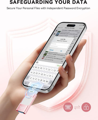 MFi Certified Flash Drive for iPhone 256GB, Photo Stick Memory Stick for iPad, USB Thumb Drive for Photos Videos Transfer & Backup, External Storage Compatible for iPhone/Android/PC/Mac (Light Pink)