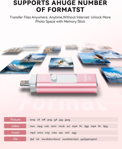 MFi Certified Flash Drive for iPhone 256GB, Photo Stick Memory Stick for iPad, USB Thumb Drive for Photos Videos Transfer & Backup, External Storage Compatible for iPhone/Android/PC/Mac (Light Pink)