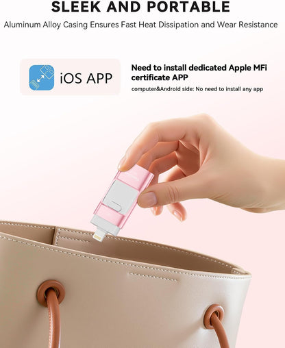 MFi Certified Flash Drive for iPhone 256GB, Photo Stick Memory Stick for iPad, USB Thumb Drive for Photos Videos Transfer & Backup, External Storage Compatible for iPhone/Android/PC/Mac (Light Pink)