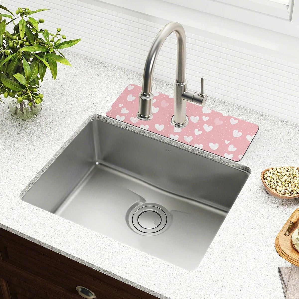 Light Pink Heart Valentines Day Faucet Drying mat Silicone Kitchen Faucet Mat Sink Splash Guard Drip Catcher Dish Soap Sponge Holder for Guard Bathroom Farmhouse M