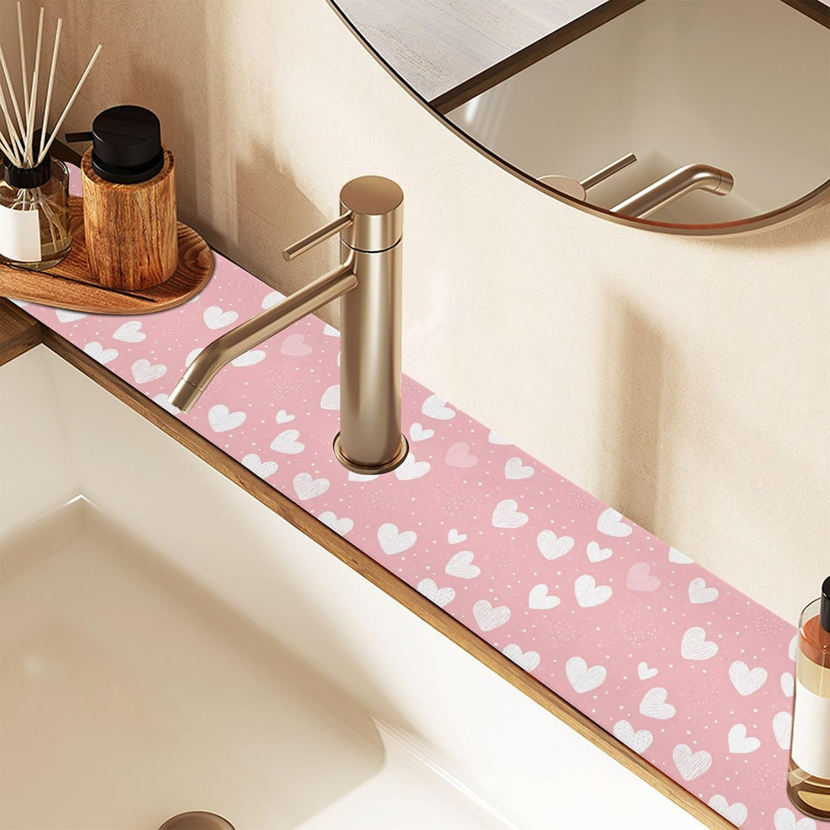 Light Pink Heart Valentines Day Faucet Drying mat Silicone Kitchen Faucet Mat Sink Splash Guard Drip Catcher Dish Soap Sponge Holder for Guard Bathroom Farmhouse M