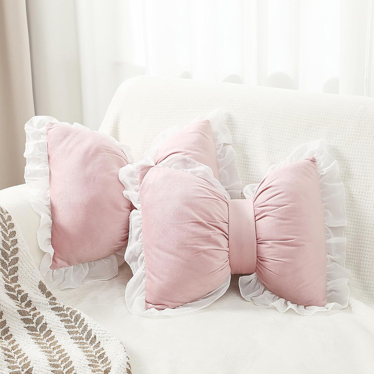 2 Pcs Bow Throw Pillows 15.7x12.6 in, Velvet, Pink