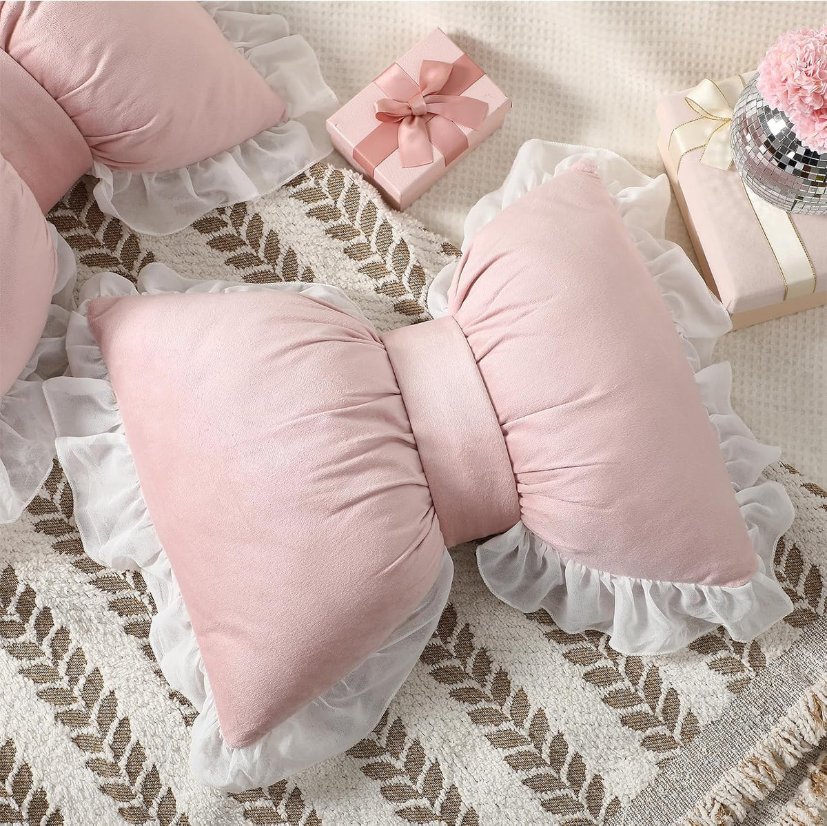 2 Pcs Bow Throw Pillows 15.7x12.6 in, Velvet, Pink