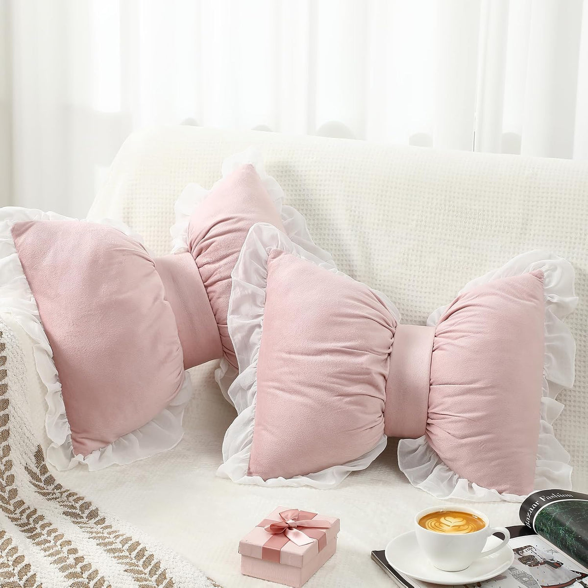 2 Pcs Bow Throw Pillows 15.7x12.6 in, Velvet, Pink