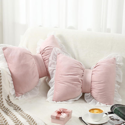 2 Pcs Bow Throw Pillows 15.7x12.6 in, Velvet, Pink