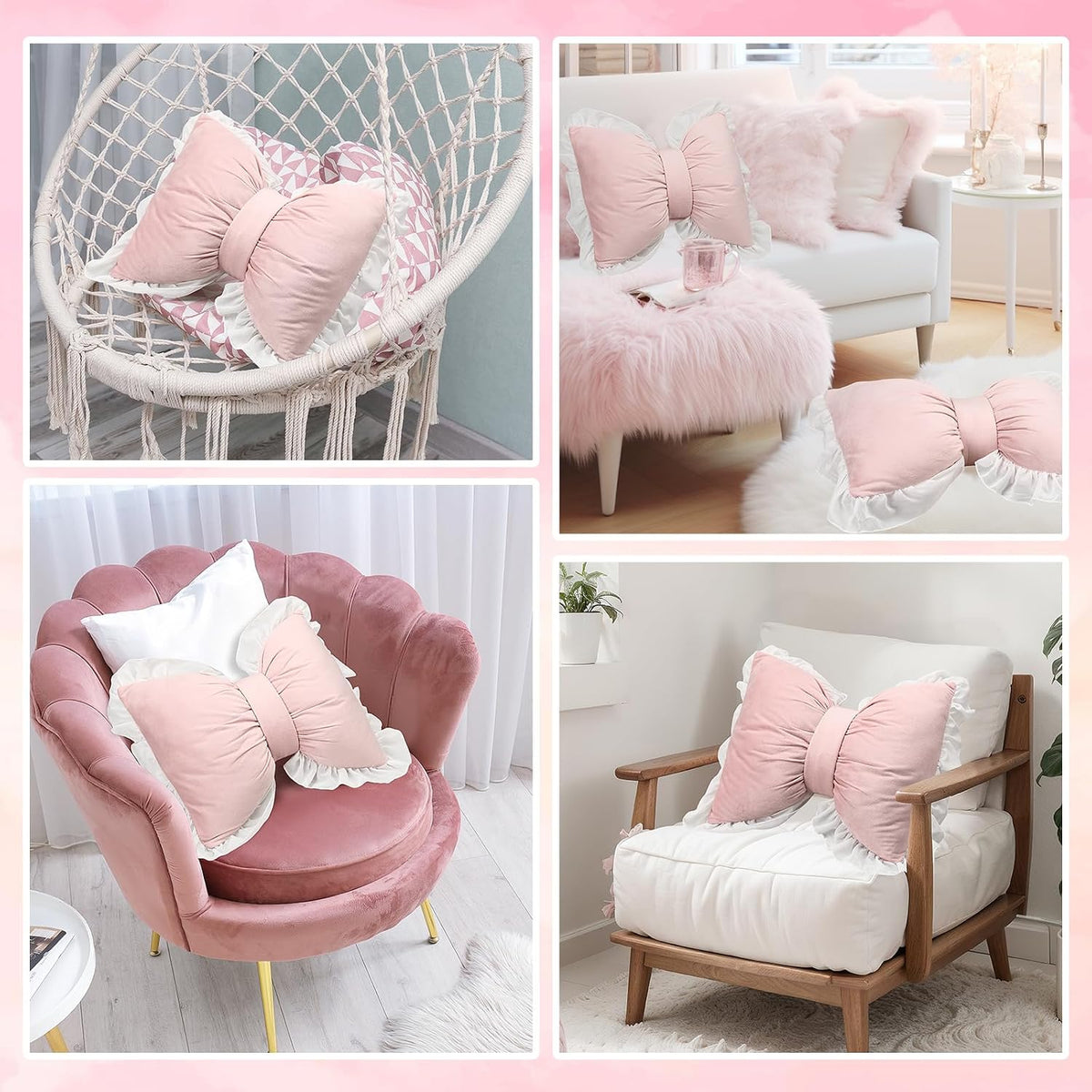 2 Pcs Bow Throw Pillows 15.7x12.6 in, Velvet, Pink