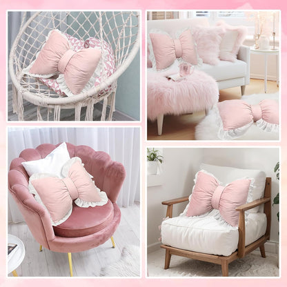 2 Pcs Bow Throw Pillows 15.7x12.6 in, Velvet, Pink