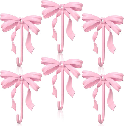 6 Pcs Pink Bow Wall Hooks Metal Decorative Bow Knot Door Hanger Coquette Wall Mount Hook for Coat Hat Towel Bathroom Kitchen Living Room Home Decor
