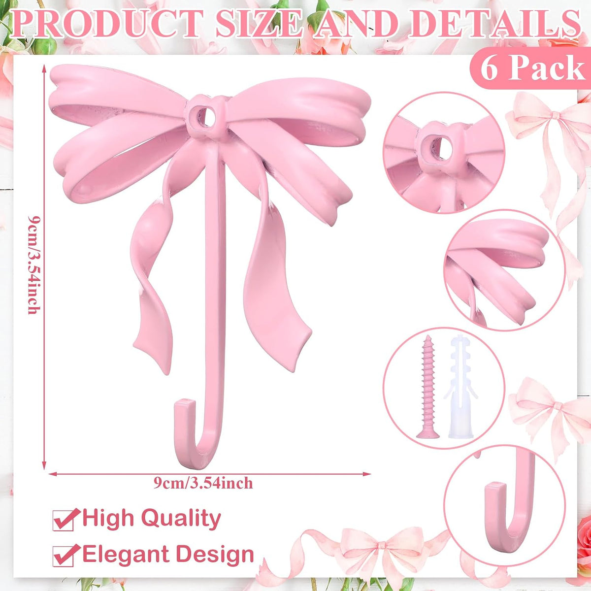 6 Pcs Pink Bow Wall Hooks Metal Decorative Bow Knot Door Hanger Coquette Wall Mount Hook for Coat Hat Towel Bathroom Kitchen Living Room Home Decor