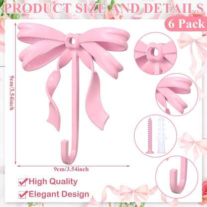 6 Pcs Pink Bow Wall Hooks Metal Decorative Bow Knot Door Hanger Coquette Wall Mount Hook for Coat Hat Towel Bathroom Kitchen Living Room Home Decor