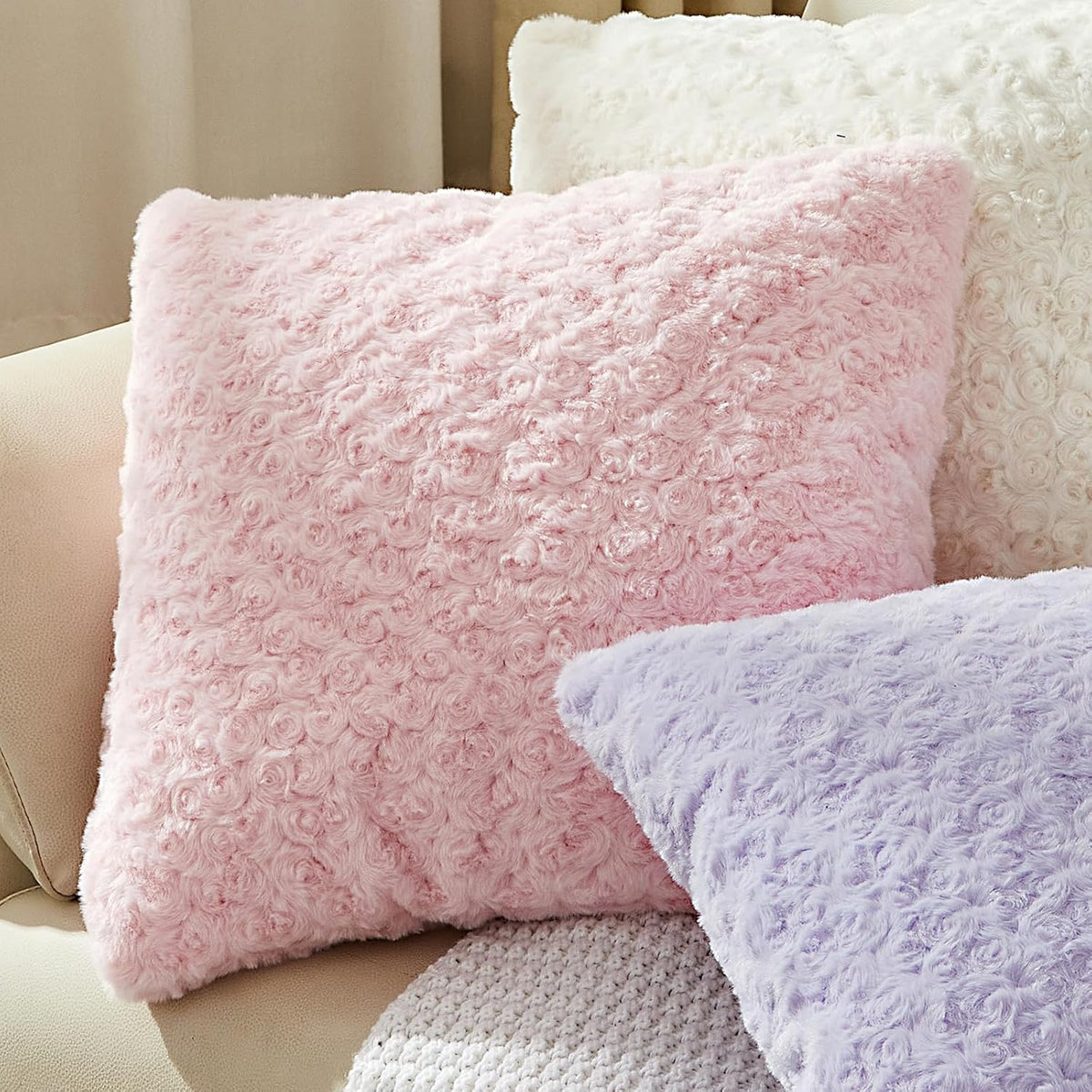 18 x 18 Pink Pillow Covers Couch Pillow Cases for Living Room Bed Room Faux Rabbit Fur with Rose Pattern Square Light Pink Cushion Covers for Bed Couch Sofa Chairs