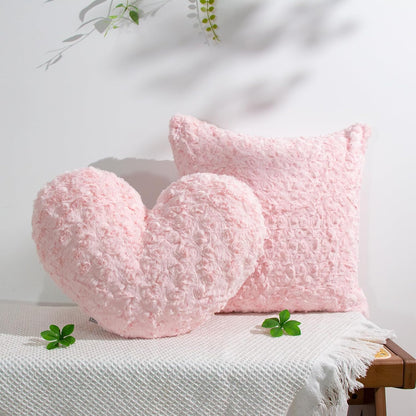 18 x 18 Pink Pillow Covers Couch Pillow Cases for Living Room Bed Room Faux Rabbit Fur with Rose Pattern Square Light Pink Cushion Covers for Bed Couch Sofa Chairs