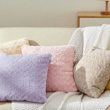 18 x 18 Pink Pillow Covers Couch Pillow Cases for Living Room Bed Room Faux Rabbit Fur with Rose Pattern Square Light Pink Cushion Covers for Bed Couch Sofa Chairs