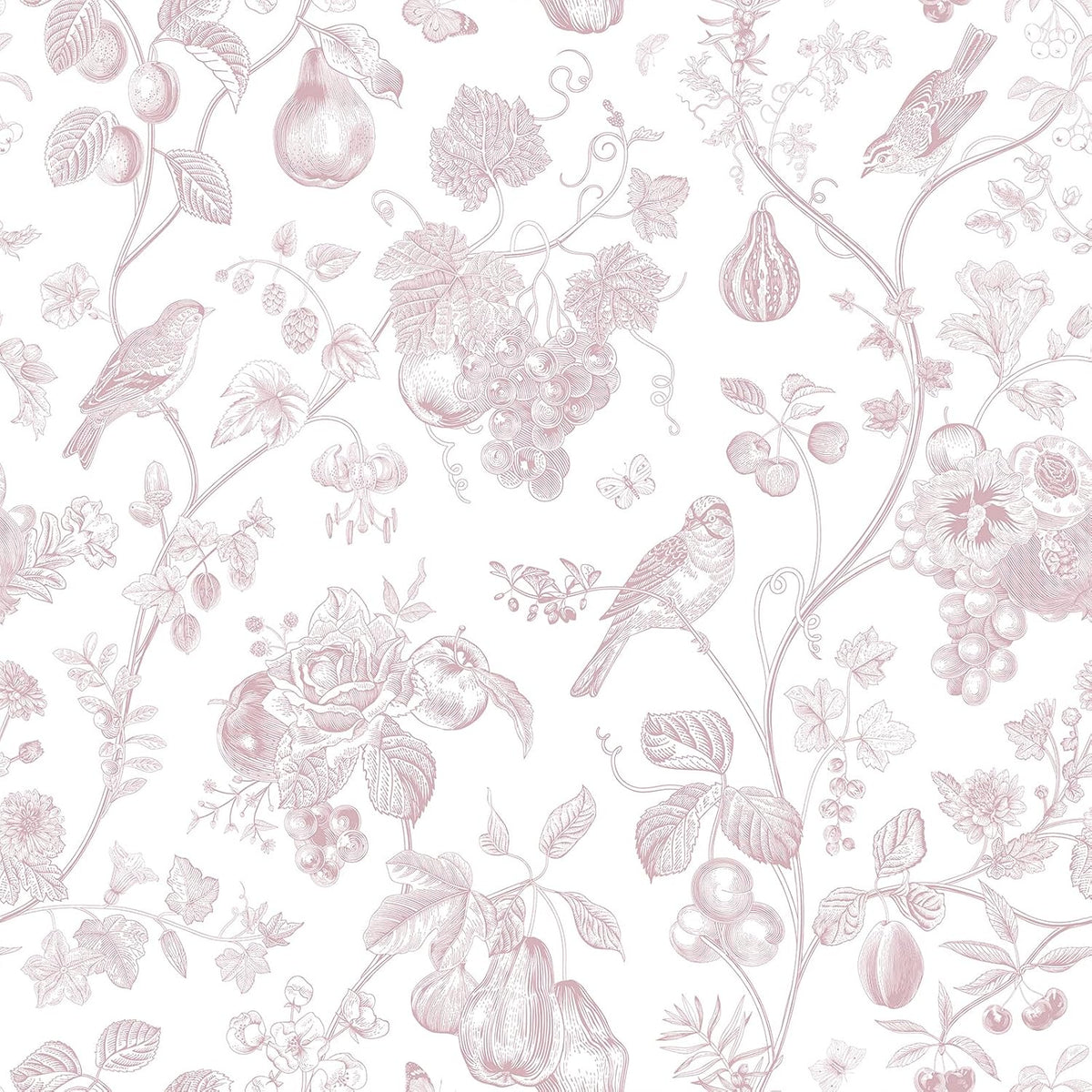 Blush Pink Toile Wallpaper Peel and Stick Floral Wallpaper with Birds Fruits 17.7''x118'' Self Adhesive Contact Paper Removable Chinoiserie Wall Paper for Girls Bedroom Nursery Powder Room