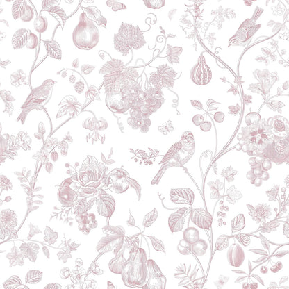 Blush Pink Toile Wallpaper Peel and Stick Floral Wallpaper with Birds Fruits 17.7''x118'' Self Adhesive Contact Paper Removable Chinoiserie Wall Paper for Girls Bedroom Nursery Powder Room