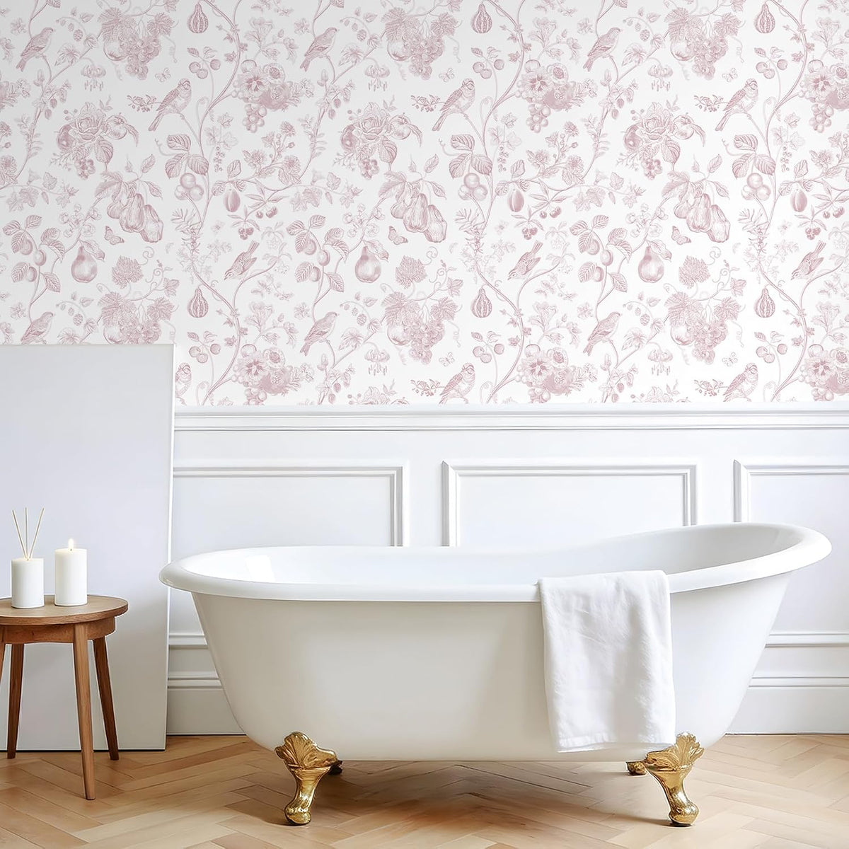 Blush Pink Toile Wallpaper Peel and Stick Floral Wallpaper with Birds Fruits 17.7''x118'' Self Adhesive Contact Paper Removable Chinoiserie Wall Paper for Girls Bedroom Nursery Powder Room