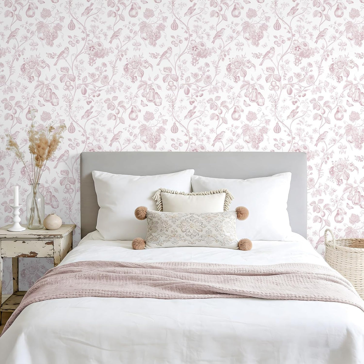Blush Pink Toile Wallpaper Peel and Stick Floral Wallpaper with Birds Fruits 17.7''x118'' Self Adhesive Contact Paper Removable Chinoiserie Wall Paper for Girls Bedroom Nursery Powder Room