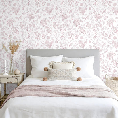 Blush Pink Toile Wallpaper Peel and Stick Floral Wallpaper with Birds Fruits 17.7''x118'' Self Adhesive Contact Paper Removable Chinoiserie Wall Paper for Girls Bedroom Nursery Powder Room