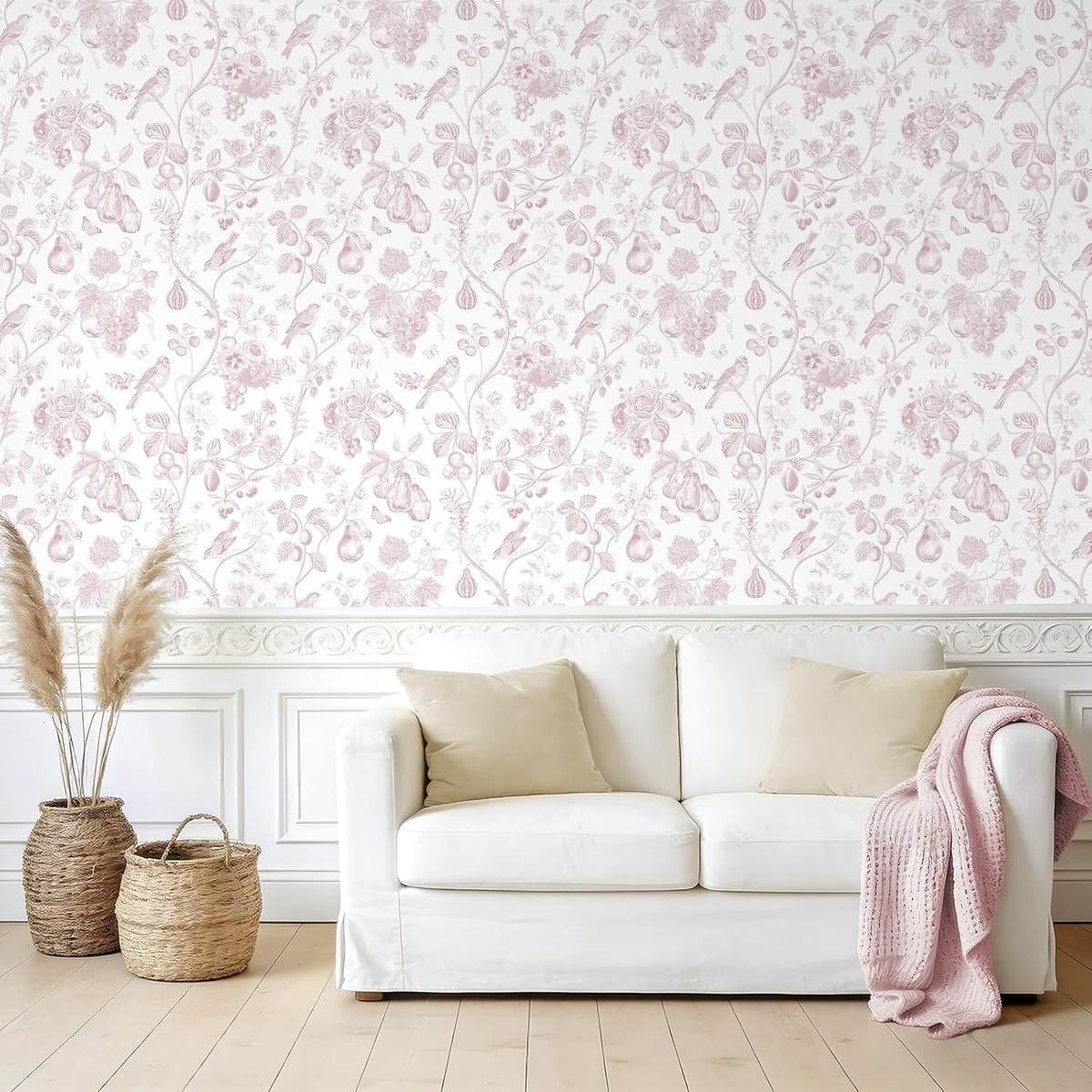 Blush Pink Toile Wallpaper Peel and Stick Floral Wallpaper with Birds Fruits 17.7''x118'' Self Adhesive Contact Paper Removable Chinoiserie Wall Paper for Girls Bedroom Nursery Powder Room