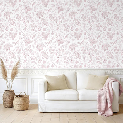 Blush Pink Toile Wallpaper Peel and Stick Floral Wallpaper with Birds Fruits 17.7''x118'' Self Adhesive Contact Paper Removable Chinoiserie Wall Paper for Girls Bedroom Nursery Powder Room