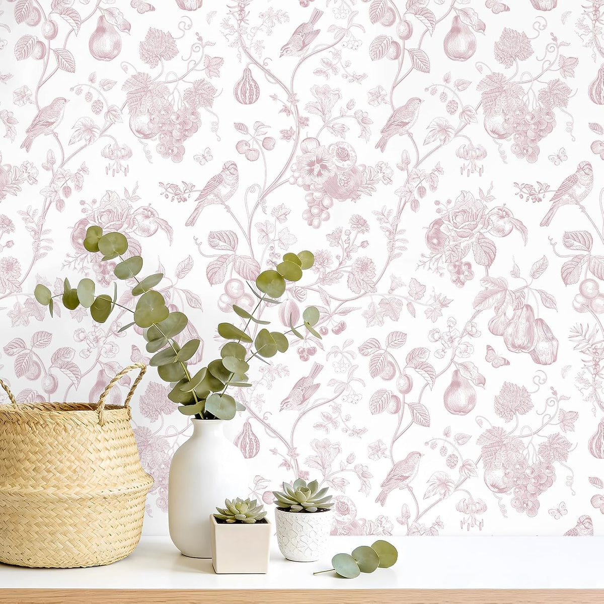 Blush Pink Toile Wallpaper Peel and Stick Floral Wallpaper with Birds Fruits 17.7''x118'' Self Adhesive Contact Paper Removable Chinoiserie Wall Paper for Girls Bedroom Nursery Powder Room