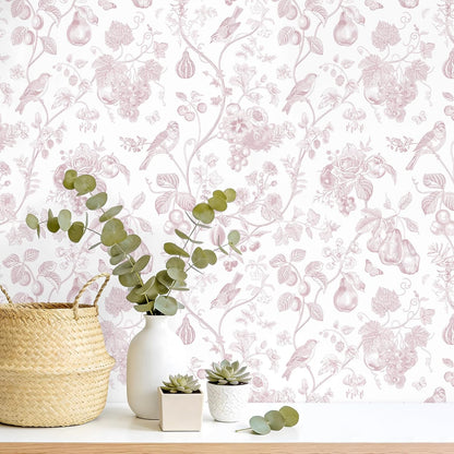 Blush Pink Toile Wallpaper Peel and Stick Floral Wallpaper with Birds Fruits 17.7''x118'' Self Adhesive Contact Paper Removable Chinoiserie Wall Paper for Girls Bedroom Nursery Powder Room