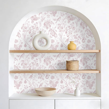 Blush Pink Toile Wallpaper Peel and Stick Floral Wallpaper with Birds Fruits 17.7''x118'' Self Adhesive Contact Paper Removable Chinoiserie Wall Paper for Girls Bedroom Nursery Powder Room