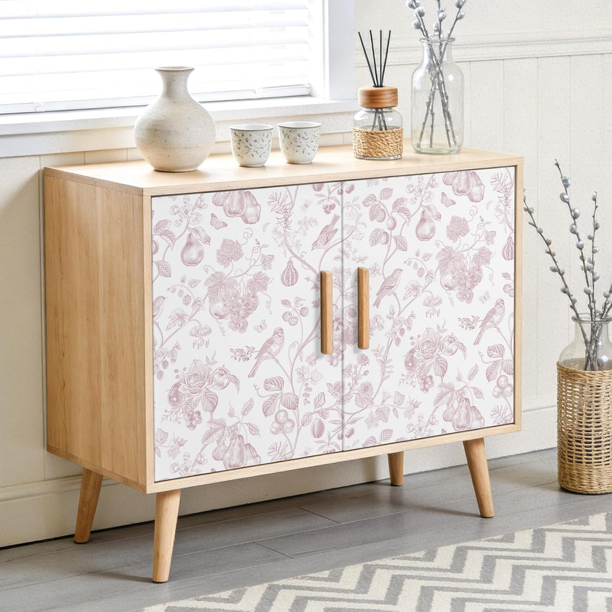 Blush Pink Toile Wallpaper Peel and Stick Floral Wallpaper with Birds Fruits 17.7''x118'' Self Adhesive Contact Paper Removable Chinoiserie Wall Paper for Girls Bedroom Nursery Powder Room