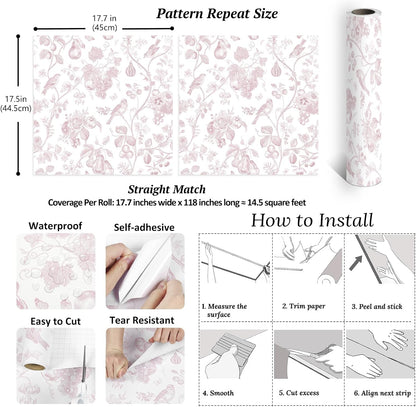 Blush Pink Toile Wallpaper Peel and Stick Floral Wallpaper with Birds Fruits 17.7''x118'' Self Adhesive Contact Paper Removable Chinoiserie Wall Paper for Girls Bedroom Nursery Powder Room
