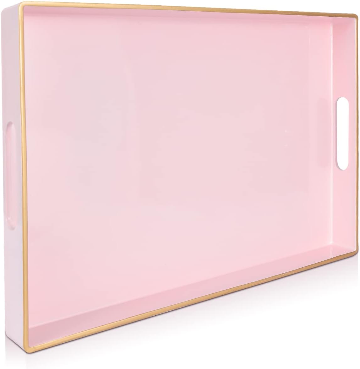 Pink Serving Trays,Decorative Serving Tray with Handles, Coffee Table Rectangular Trays Plastic Tray for Ottoman Bathroom,Living Room, 15.7” x 10.2” x1.37”