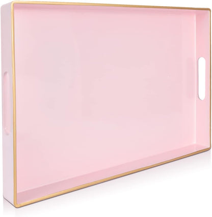 Pink Serving Trays,Decorative Serving Tray with Handles, Coffee Table Rectangular Trays Plastic Tray for Ottoman Bathroom,Living Room, 15.7” x 10.2” x1.37”